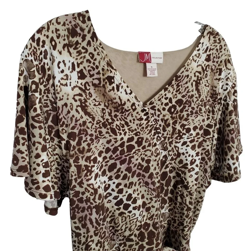 JM Collection Size XL Dress Animal Print Jersey Knit Stretch Midi Belt Faux Wrap - Picture 4 of 7